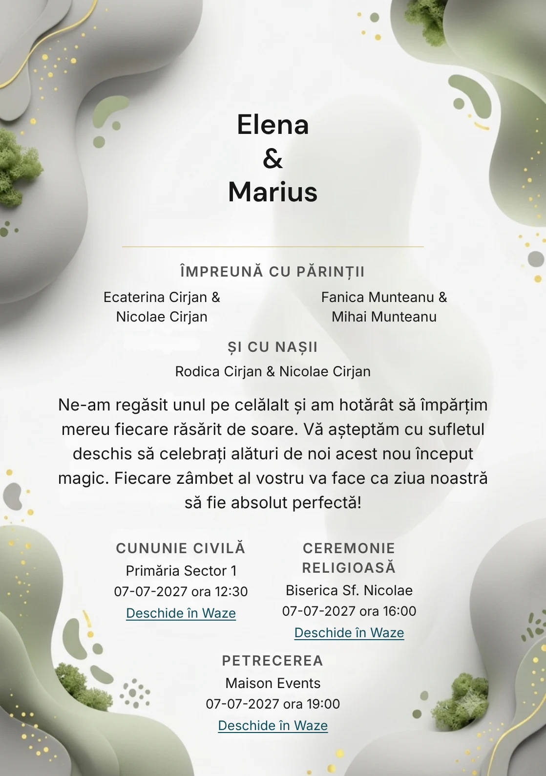 Forme în Echilibru, pentru o invitație de nuntă, pune accent pe două volume biomorfe mate, alături de tonuri de gri porumbel, alb porțelan și verde mușchi pal.