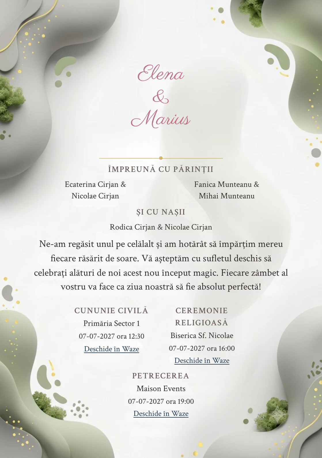 Forme în Echilibru, pentru o invitație de nuntă, pune accent pe două volume biomorfe mate, alături de tonuri de gri porumbel, alb porțelan și verde mușchi pal.