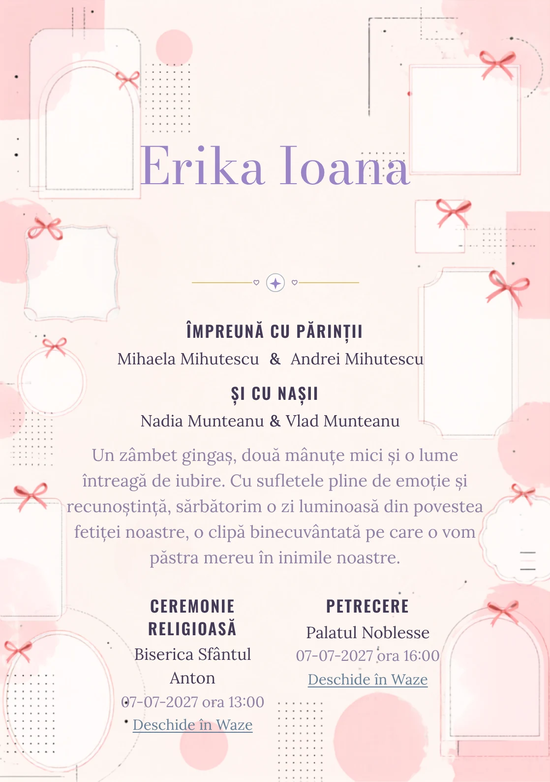 Funde Editoriale, din gama de invitații botez fetiță, combină o grilă de cadre goale cu puncte, într-o imagine coerentă de botez.