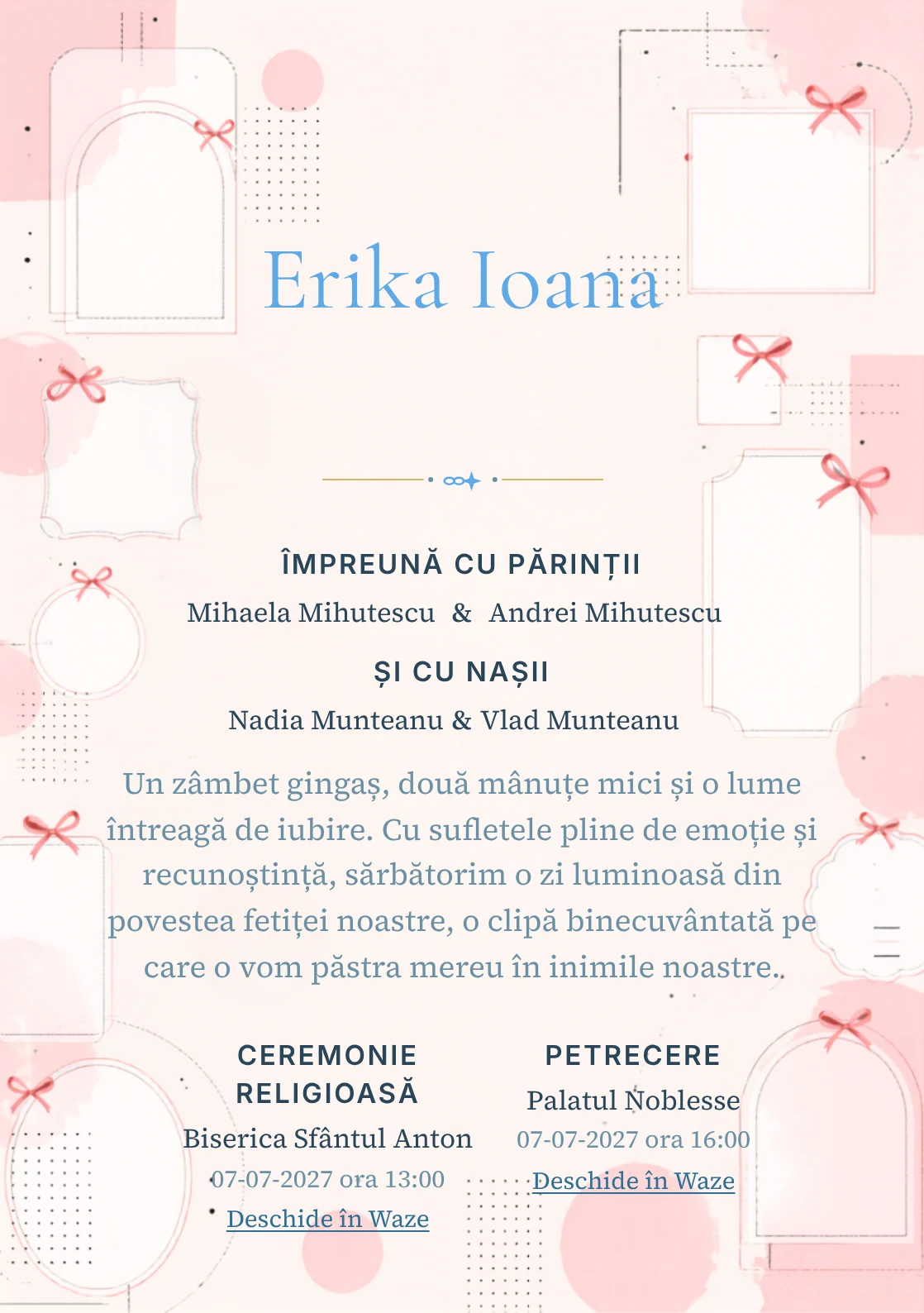 Funde Editoriale, din gama de invitații botez fetiță, combină o grilă de cadre goale cu puncte, într-o imagine coerentă de botez.
