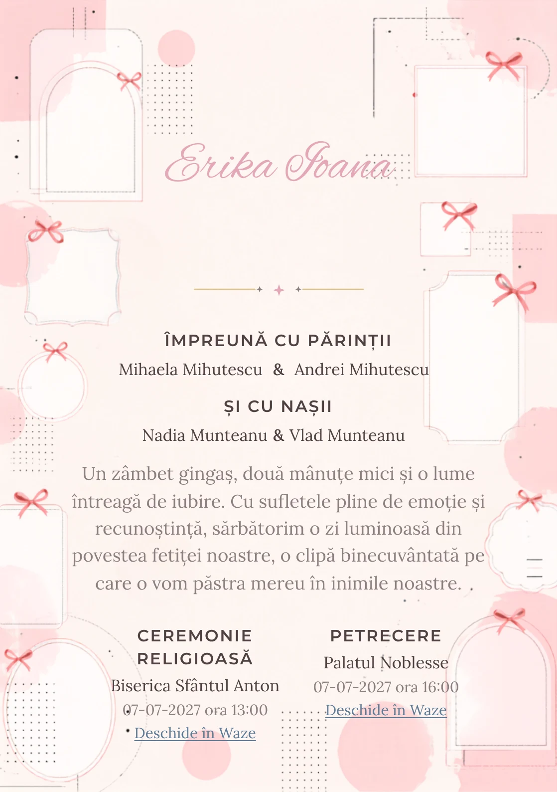 Funde Editoriale, din gama de invitații botez fetiță, combină o grilă de cadre goale cu puncte, într-o imagine coerentă de botez.