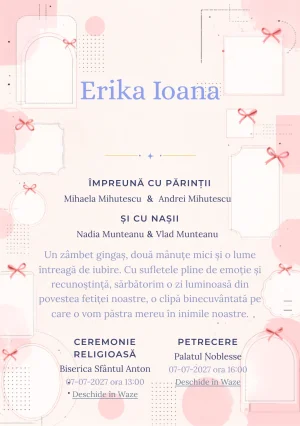 Funde Editoriale, din gama de invitații botez fetiță, combină o grilă de cadre goale cu puncte, într-o imagine coerentă de botez.