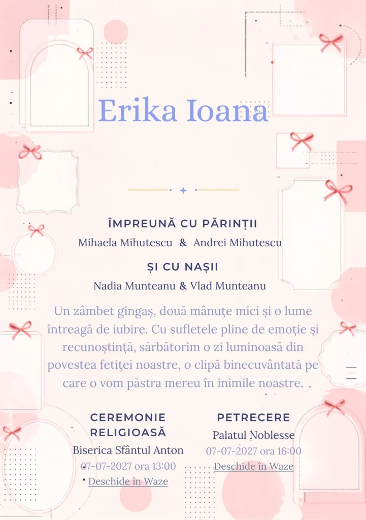 Funde Editoriale, din gama de invitații botez fetiță, combină o grilă de cadre goale cu puncte, într-o imagine coerentă de botez.