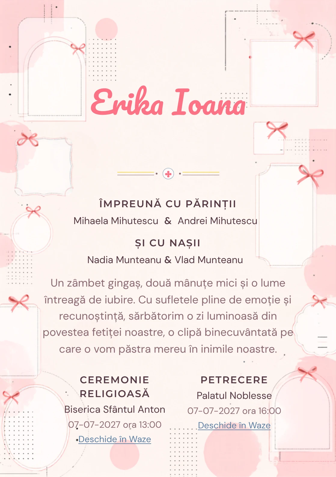 Funde Editoriale, din gama de invitații botez fetiță, combină o grilă de cadre goale cu puncte, într-o imagine coerentă de botez.
