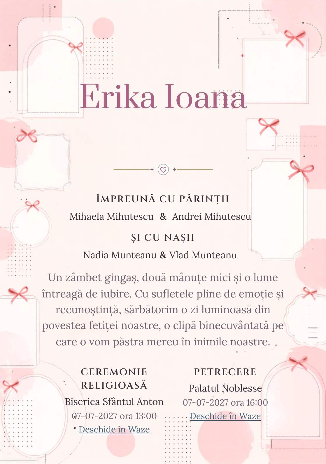 Funde Editoriale, din gama de invitații botez fetiță, combină o grilă de cadre goale cu puncte, într-o imagine coerentă de botez.