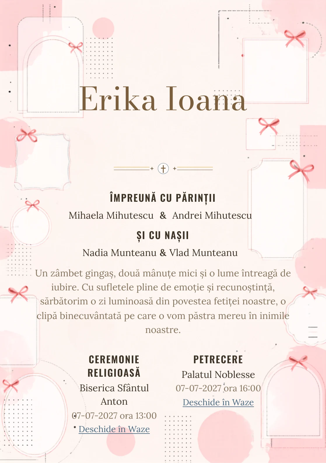 Funde Editoriale, din gama de invitații botez fetiță, combină o grilă de cadre goale cu puncte, într-o imagine coerentă de botez.