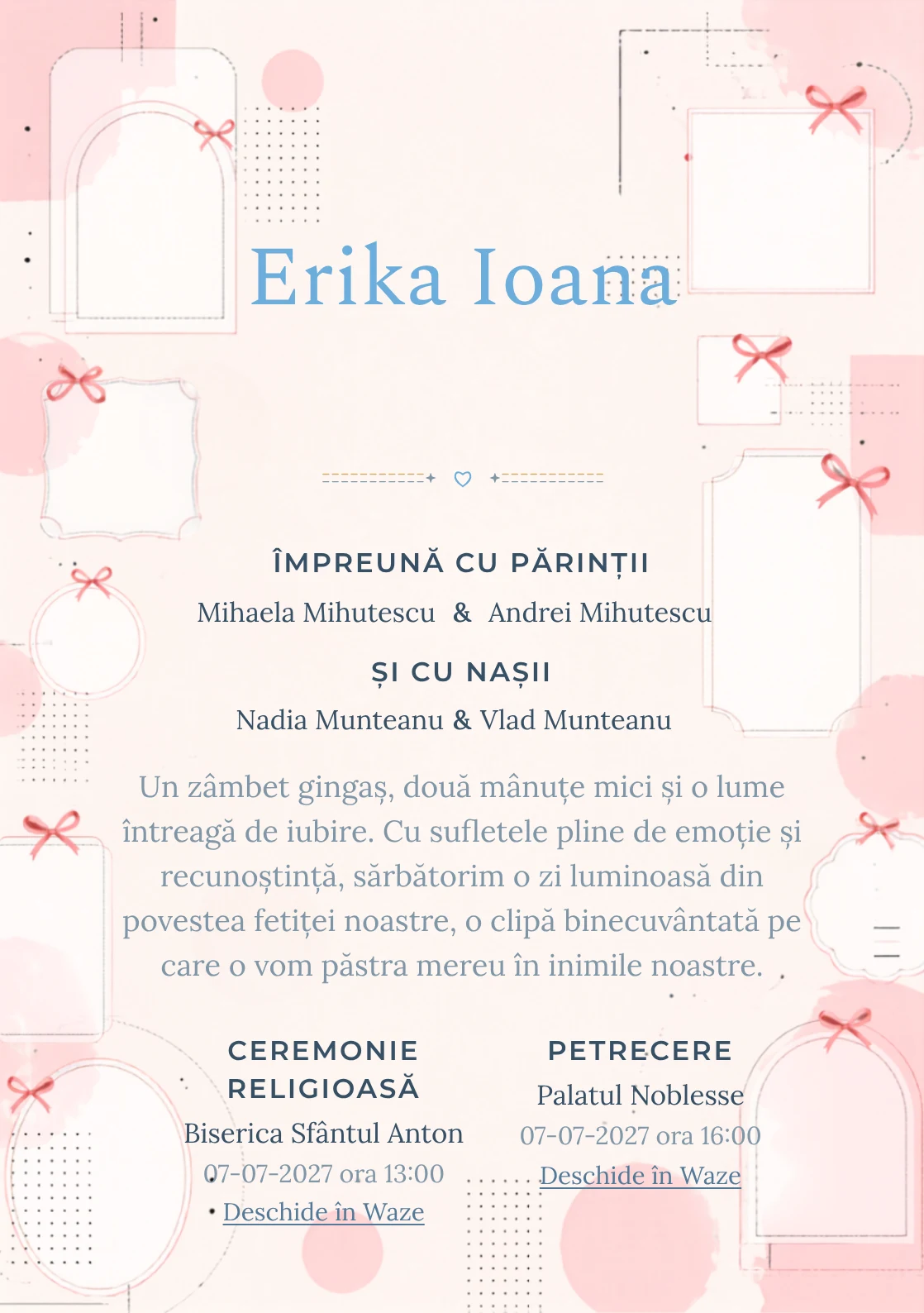Funde Editoriale, din gama de invitații botez fetiță, combină o grilă de cadre goale cu puncte, într-o imagine coerentă de botez.