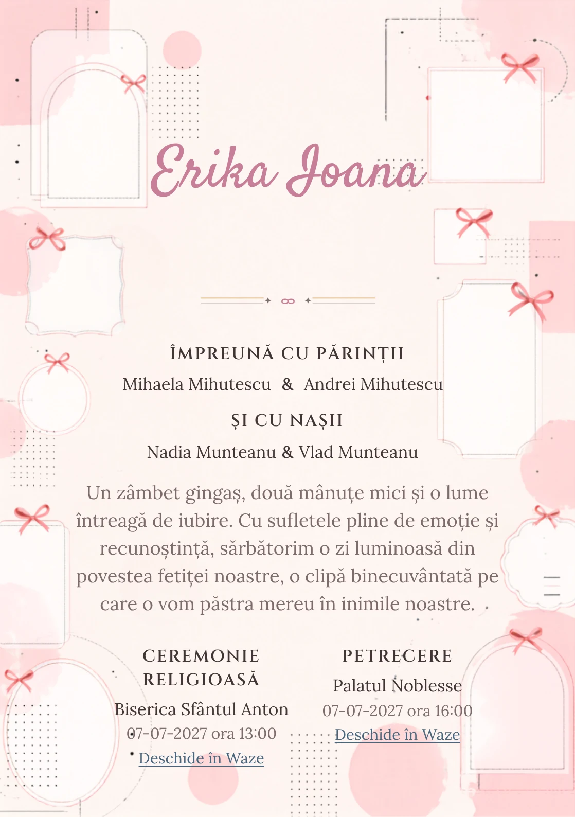 Funde Editoriale, din gama de invitații botez fetiță, combină o grilă de cadre goale cu puncte, într-o imagine coerentă de botez.