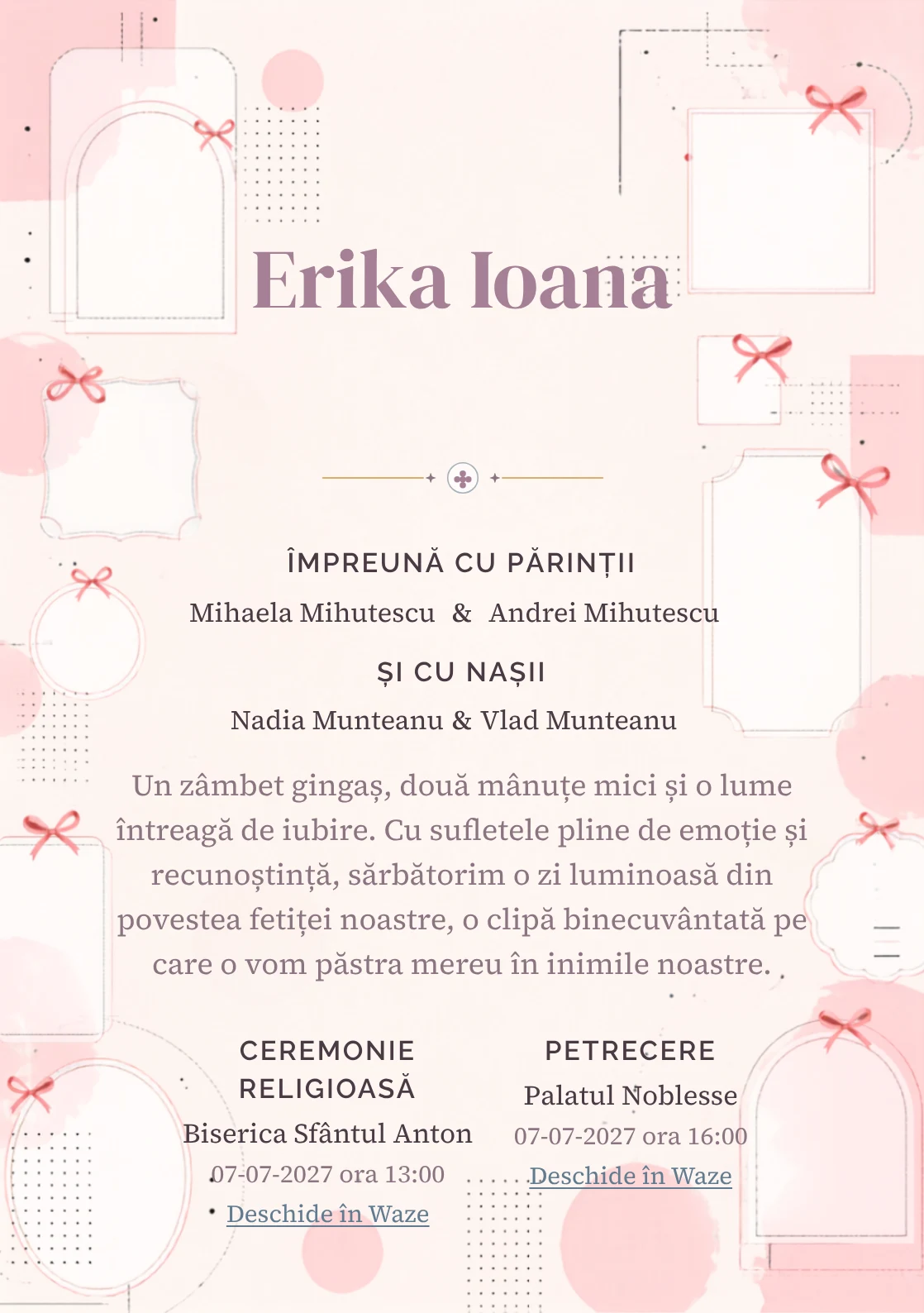 Funde Editoriale, din gama de invitații botez fetiță, combină o grilă de cadre goale cu puncte, într-o imagine coerentă de botez.