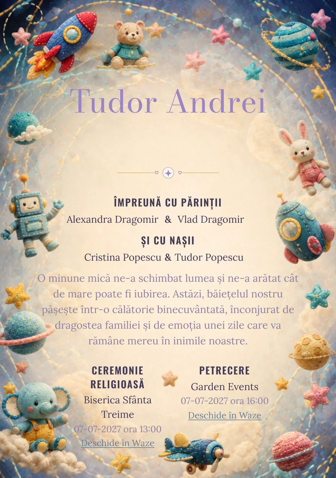 Galaxia Jucăriilor, pentru o invitație de botez, evidențiază o galaxie formată din jucării, alături de orbite cusute.