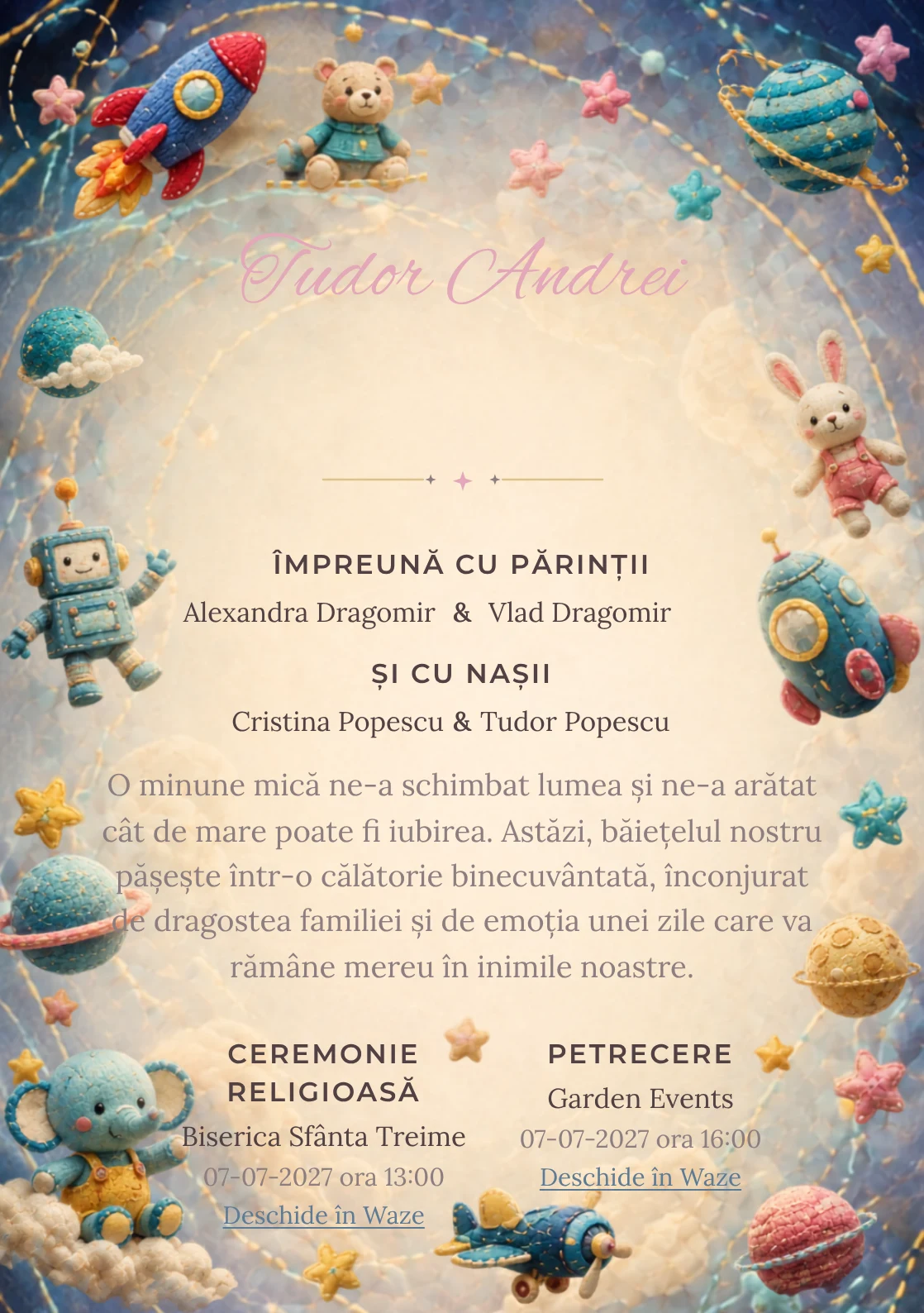 Galaxia Jucăriilor, pentru o invitație de botez, evidențiază o galaxie formată din jucării, alături de orbite cusute.