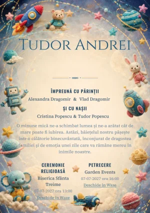 Galaxia Jucăriilor, pentru o invitație de botez, evidențiază o galaxie formată din jucării, alături de orbite cusute.