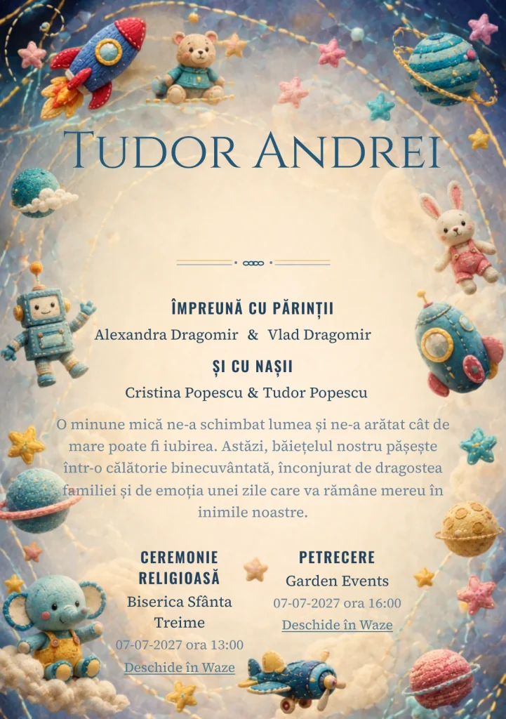 Galaxia Jucăriilor, pentru o invitație de botez, evidențiază o galaxie formată din jucării, alături de orbite cusute.