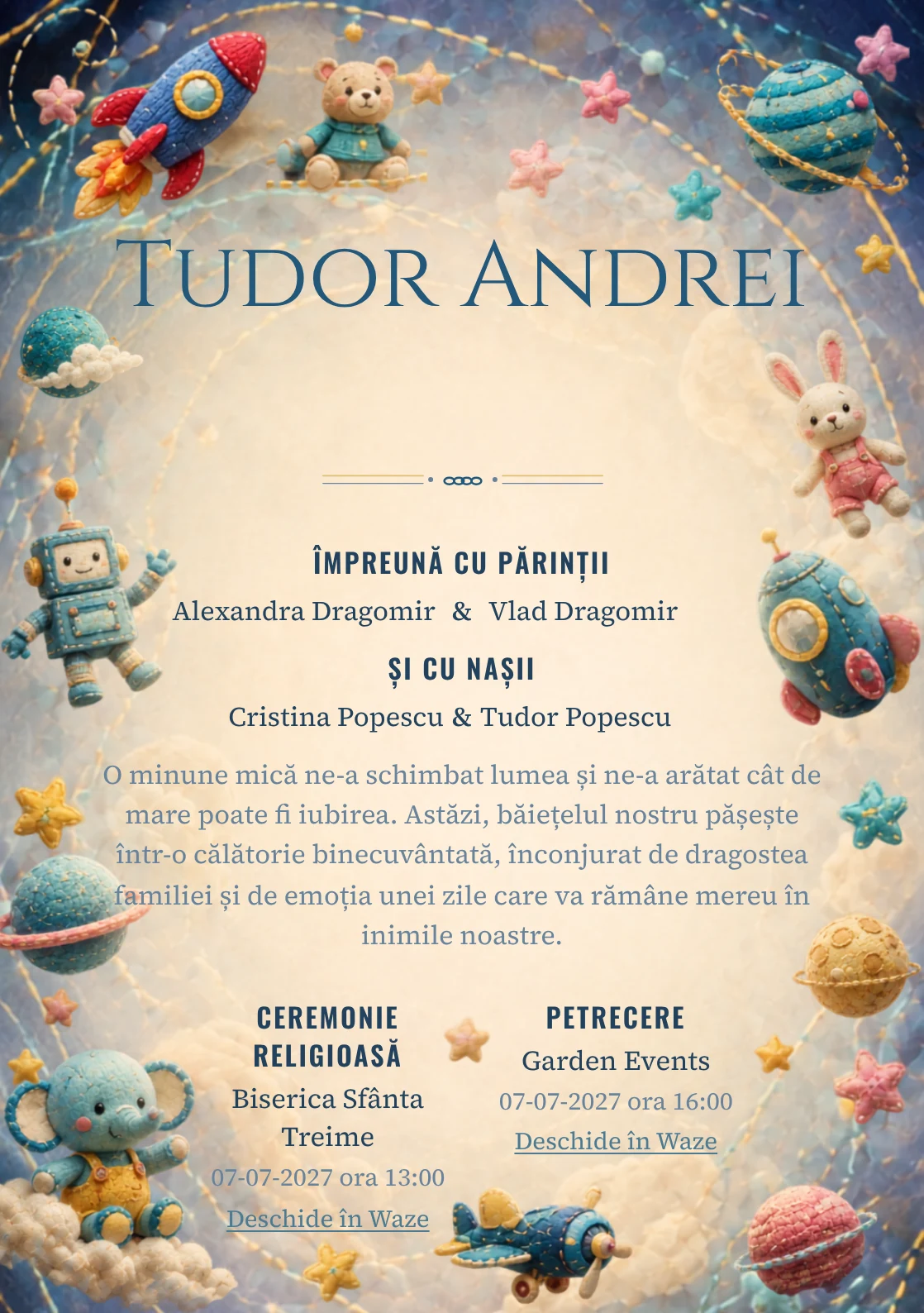 Galaxia Jucăriilor, pentru o invitație de botez, evidențiază o galaxie formată din jucării, alături de orbite cusute.