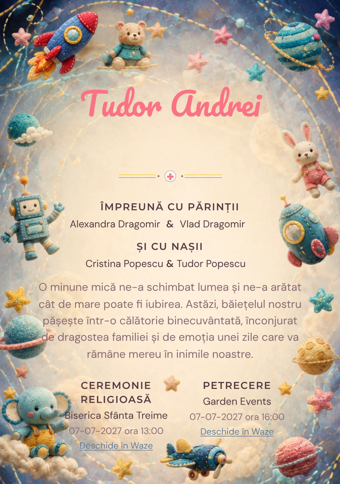 Galaxia Jucăriilor, pentru o invitație de botez, evidențiază o galaxie formată din jucării, alături de orbite cusute.