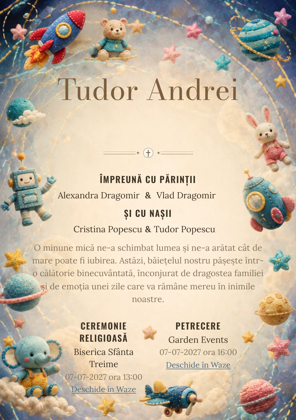 Galaxia Jucăriilor, pentru o invitație de botez, evidențiază o galaxie formată din jucării, alături de orbite cusute.