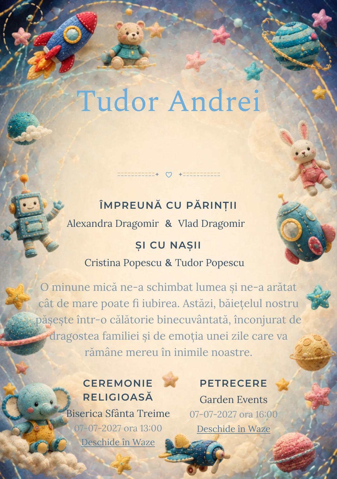 Galaxia Jucăriilor, pentru o invitație de botez, evidențiază o galaxie formată din jucării, alături de orbite cusute.