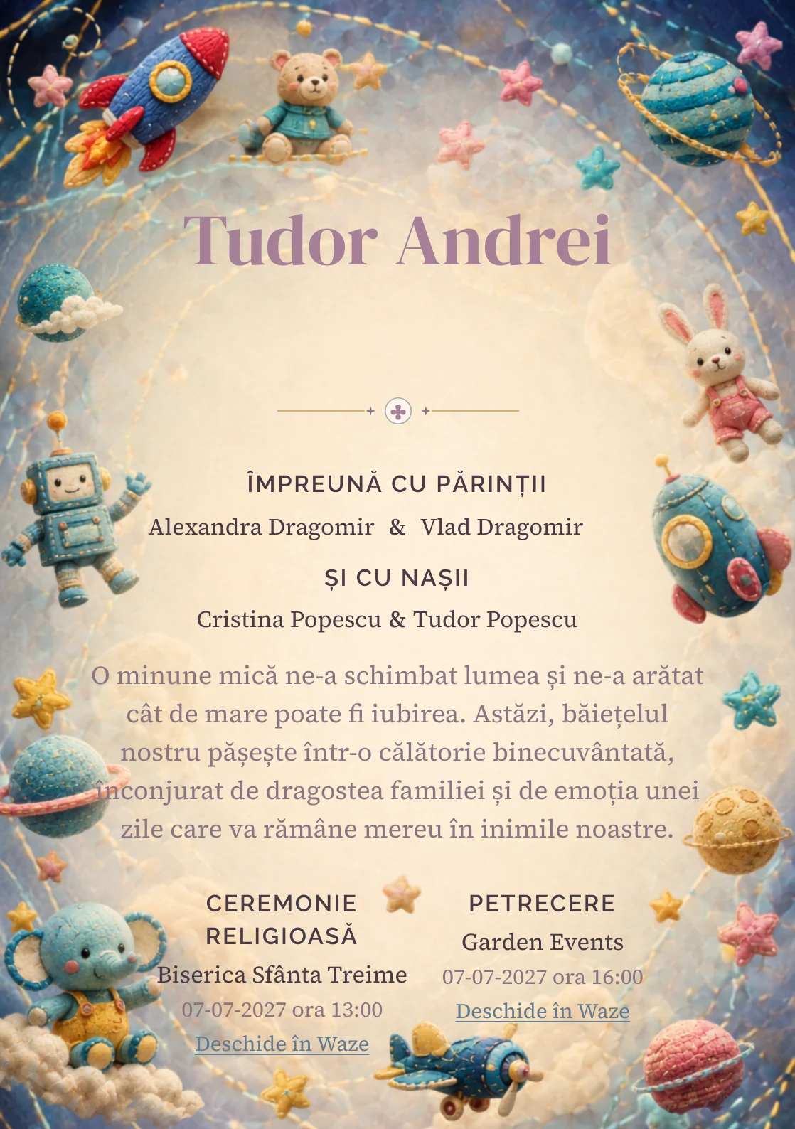 Galaxia Jucăriilor, pentru o invitație de botez, evidențiază o galaxie formată din jucării, alături de orbite cusute.