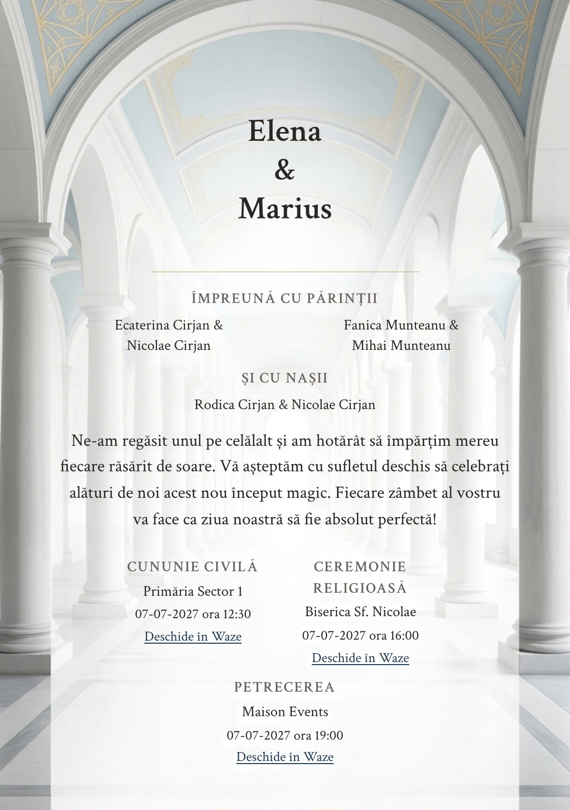 Galeria Albă, pentru o invitație de nuntă, pune accent pe galerie albă cu ritm de coloane simplificate, alături de tonuri de alb galerie, gri coloană și bleu plafon.