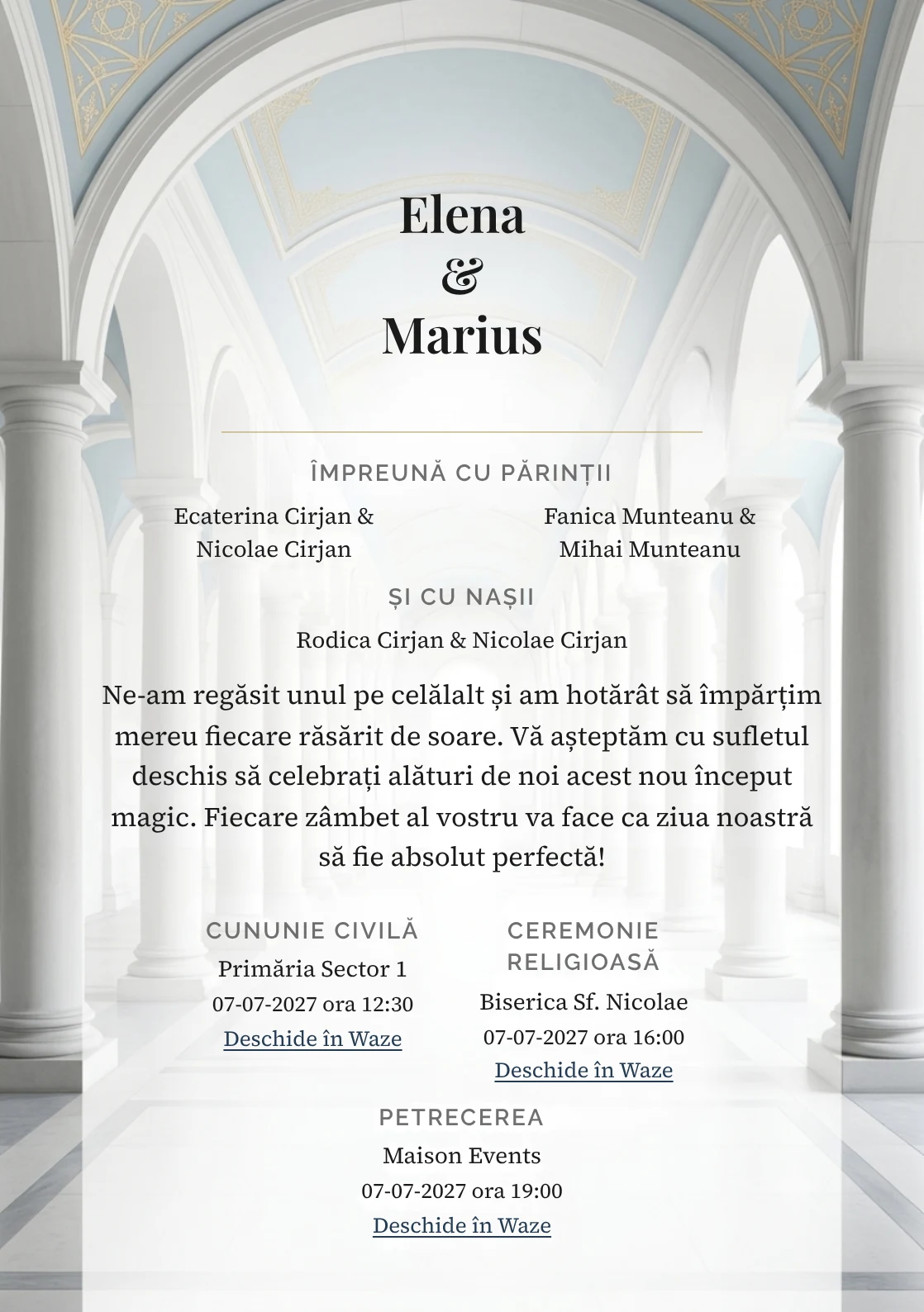 Galeria Albă, pentru o invitație de nuntă, pune accent pe galerie albă cu ritm de coloane simplificate, alături de tonuri de alb galerie, gri coloană și bleu plafon.