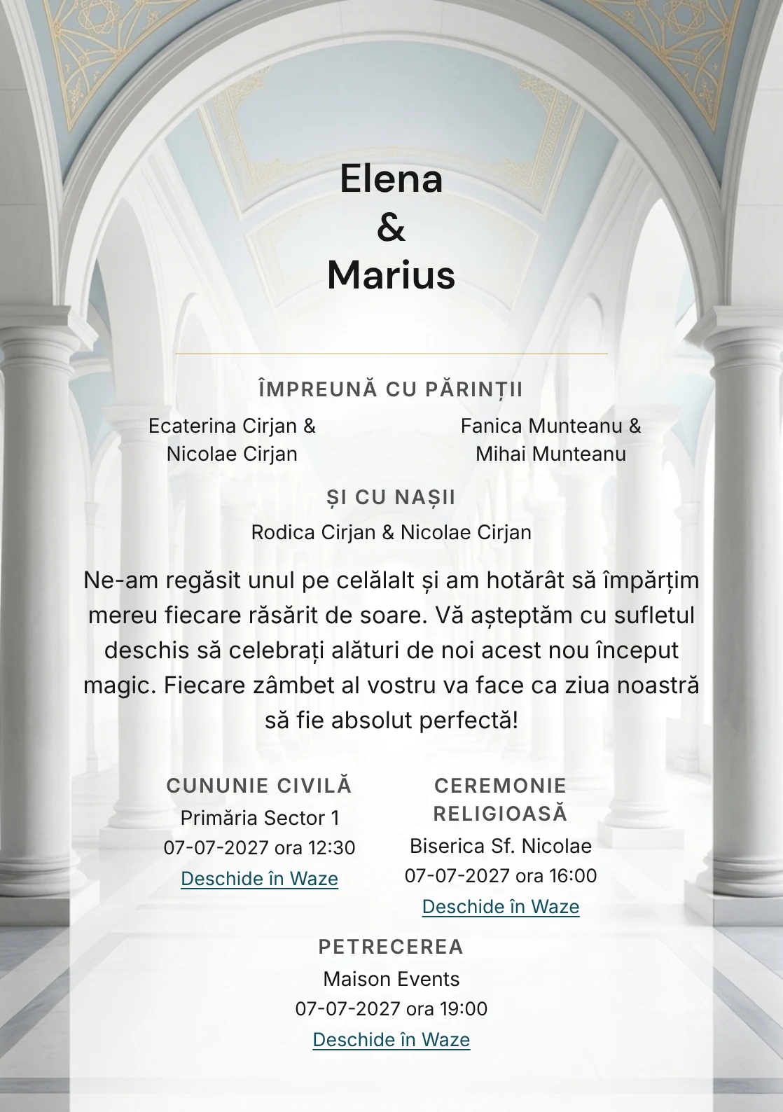 Galeria Albă, pentru o invitație de nuntă, pune accent pe galerie albă cu ritm de coloane simplificate, alături de tonuri de alb galerie, gri coloană și bleu plafon.