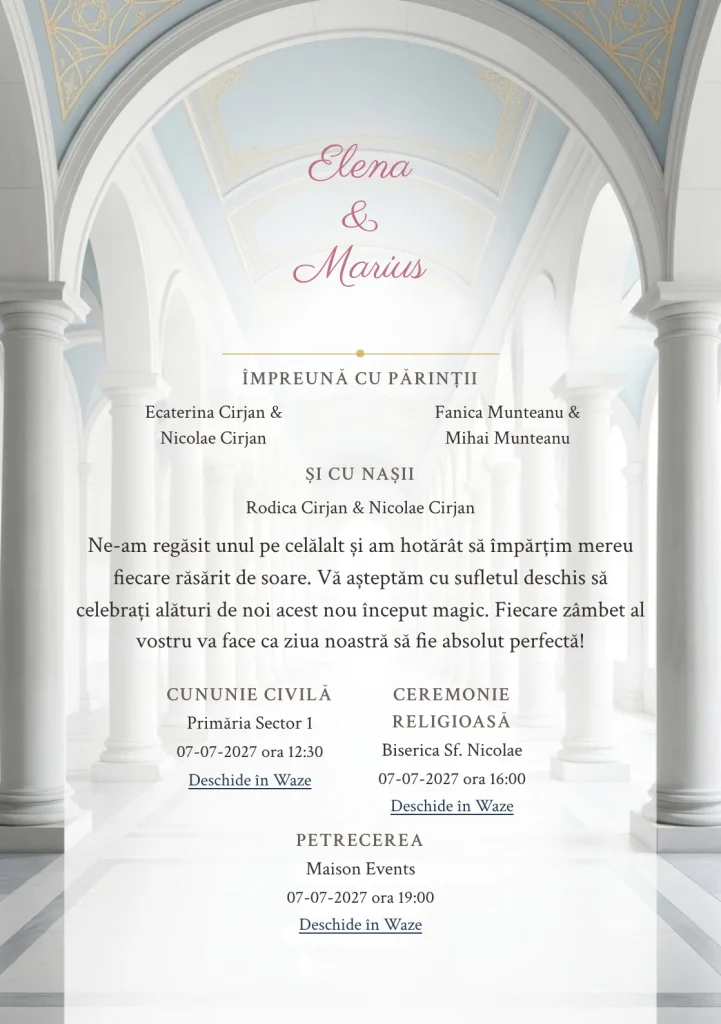 Galeria Albă, pentru o invitație de nuntă, pune accent pe galerie albă cu ritm de coloane simplificate, alături de tonuri de alb galerie, gri coloană și bleu plafon.