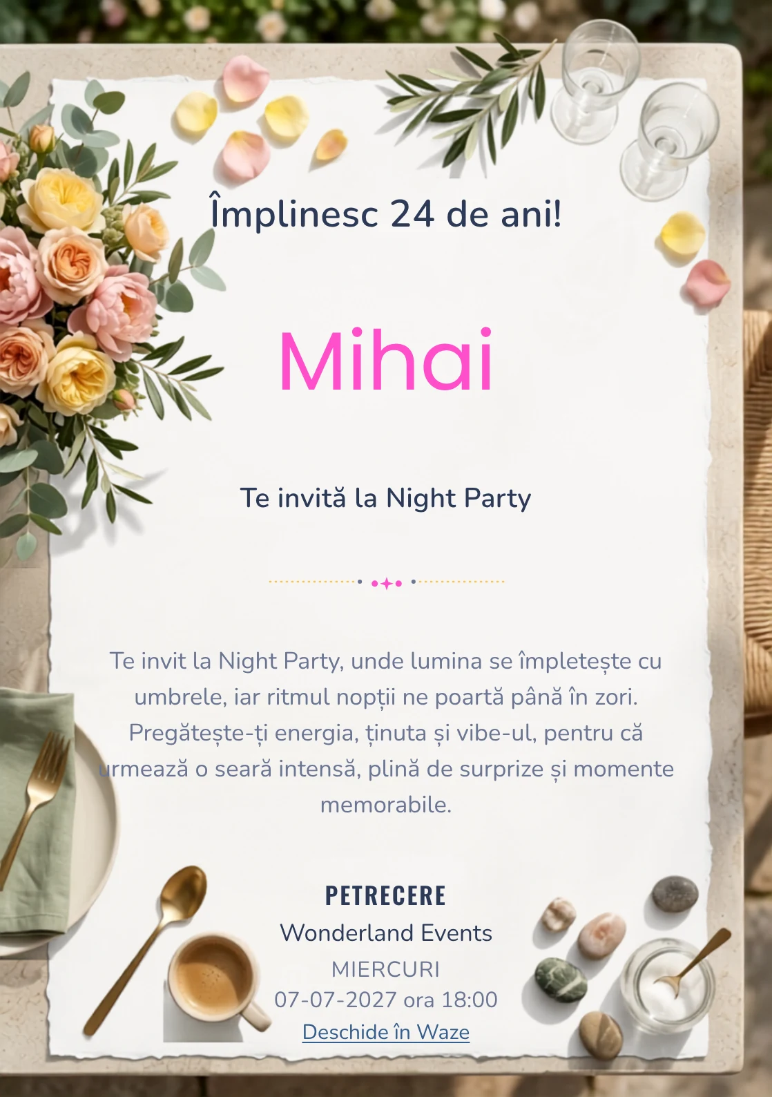 Garden Brunch este un model de invitații online pentru o aniversare adultă, definit vizual de un aranjament matur de flori și veselă simplă.