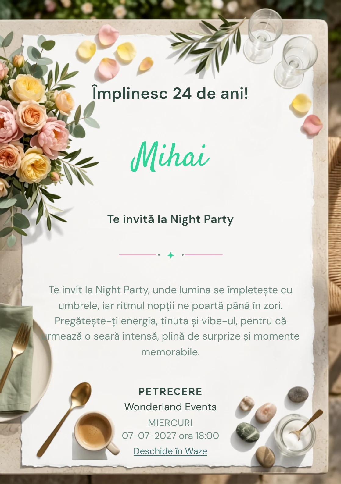 Garden Brunch este un model de invitații online pentru o aniversare adultă, definit vizual de un aranjament matur de flori și veselă simplă.