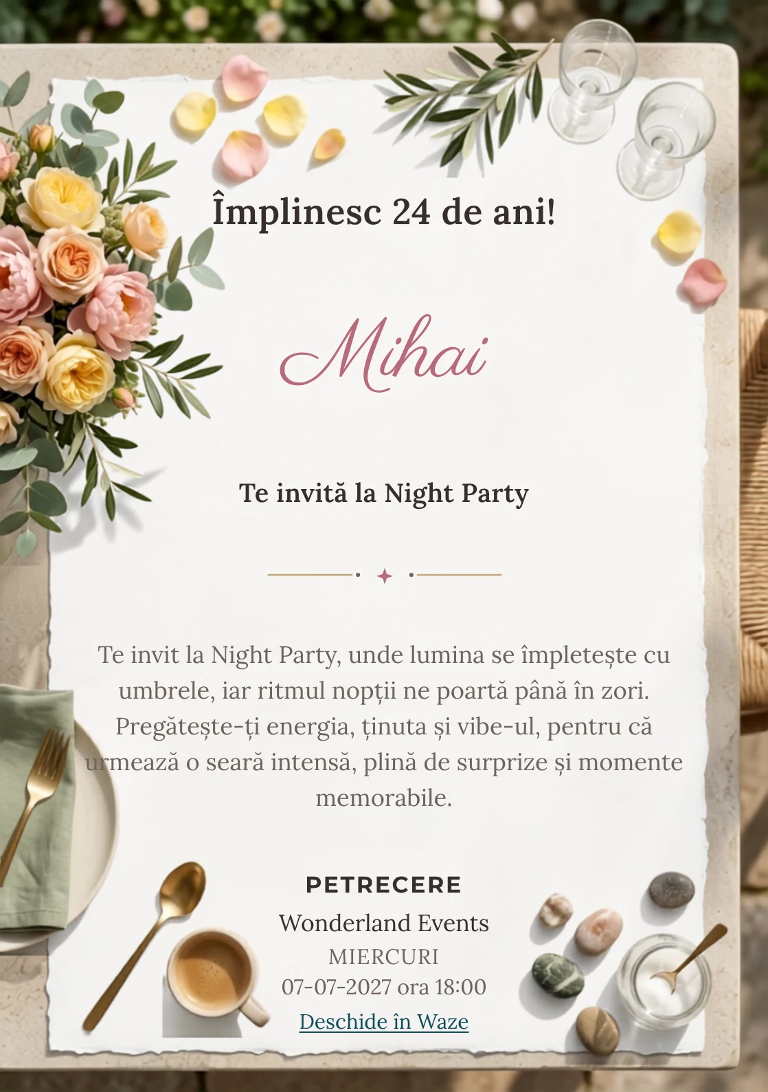 Garden Brunch este un model de invitații online pentru o aniversare adultă, definit vizual de un aranjament matur de flori și veselă simplă.