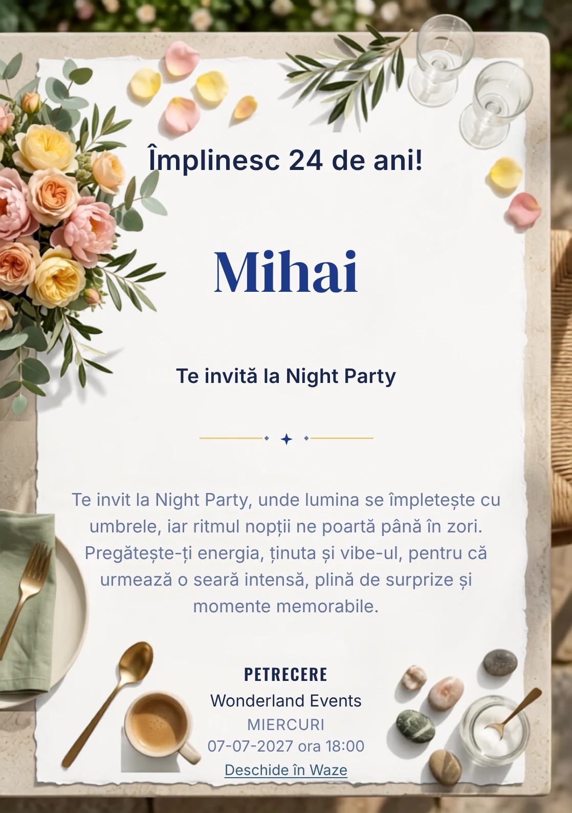 Garden Brunch este un model de invitații online pentru o aniversare adultă, definit vizual de un aranjament matur de flori și veselă simplă.