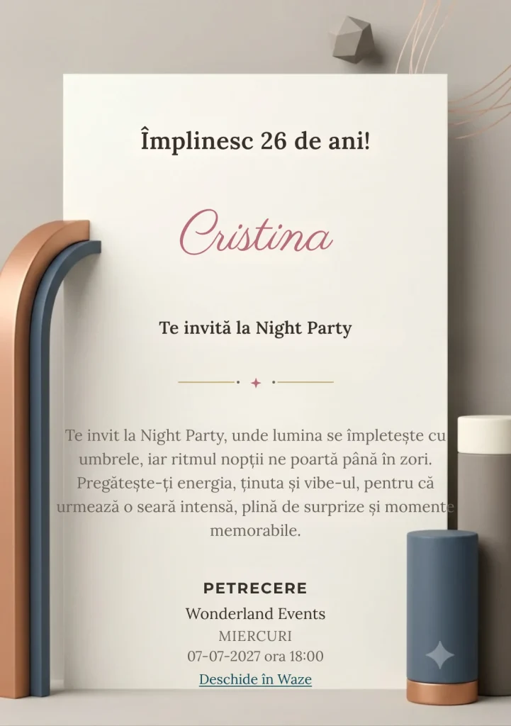 Geometrie Calmă este un model de invitații online pentru o aniversare adultă, definit vizual de un arc și două volume cilindrice.