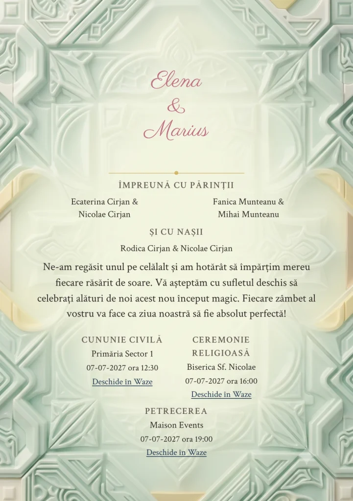 Geometrie Celadon, pentru o invitație de nuntă, pune accent pe module celadon ridicate, alături de tonuri de verde celadon deschis, alb os și galben pai.