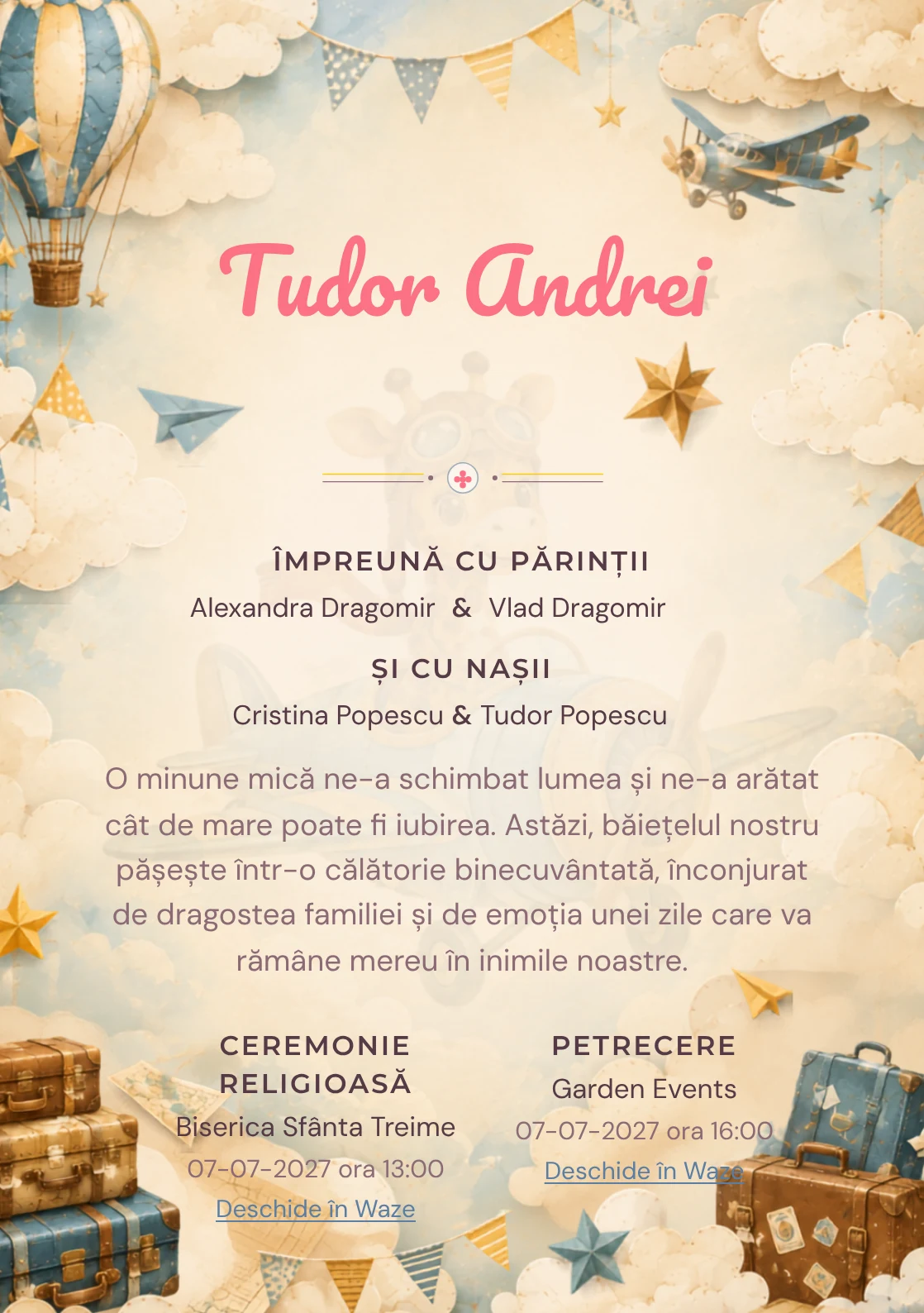 Girafa Aviator, din gama de invitații botez, evidențiază o girafă cu ochelari de aviator într-un avion, alături de nori de hârtie, valize și stegulețe.