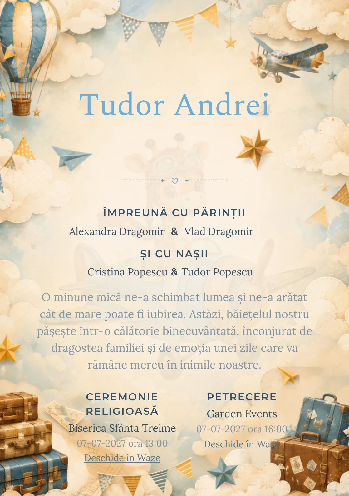 Girafa Aviator, din gama de invitații botez, evidențiază o girafă cu ochelari de aviator într-un avion, alături de nori de hârtie, valize și stegulețe.