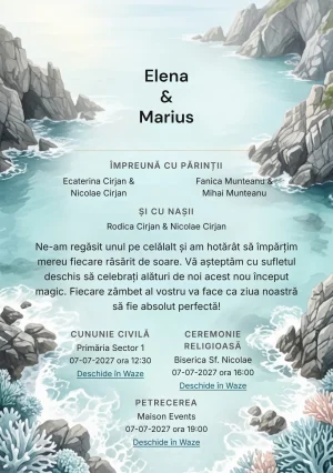 Designul Golful Turcoaz, în colecția de invitații nuntă, combină golf abstract cu stânci laterale cu o cromatică de gri stâncă, aqua adânc desaturat și alb spumă.