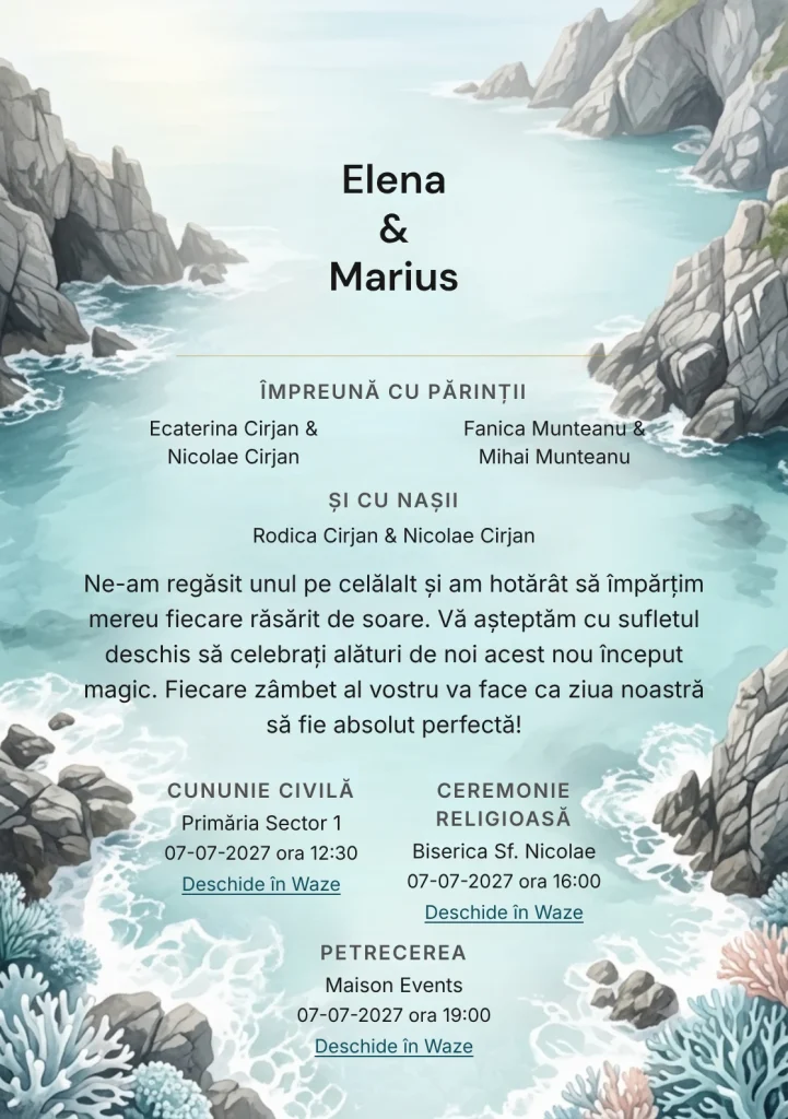 Designul Golful Turcoaz, în colecția de invitații nuntă, combină golf abstract cu stânci laterale cu o cromatică de gri stâncă, aqua adânc desaturat și alb spumă.