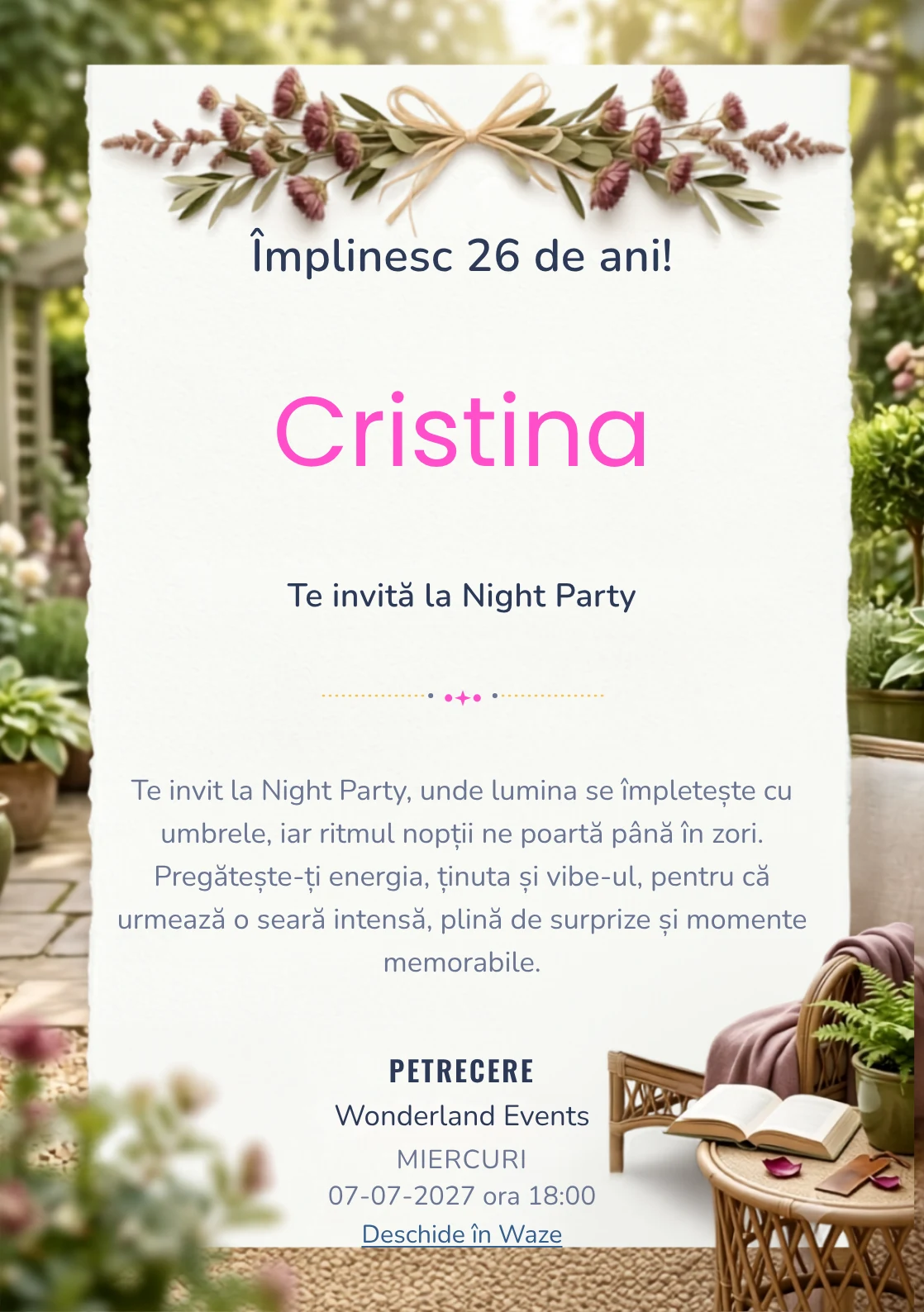Grădina Cititorului este un model de invitații online pentru o aniversare adultă, definit vizual de o carte, fotoliu și plante.