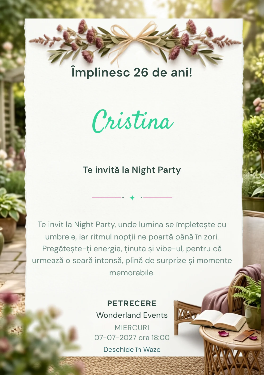 Grădina Cititorului este un model de invitații online pentru o aniversare adultă, definit vizual de o carte, fotoliu și plante.