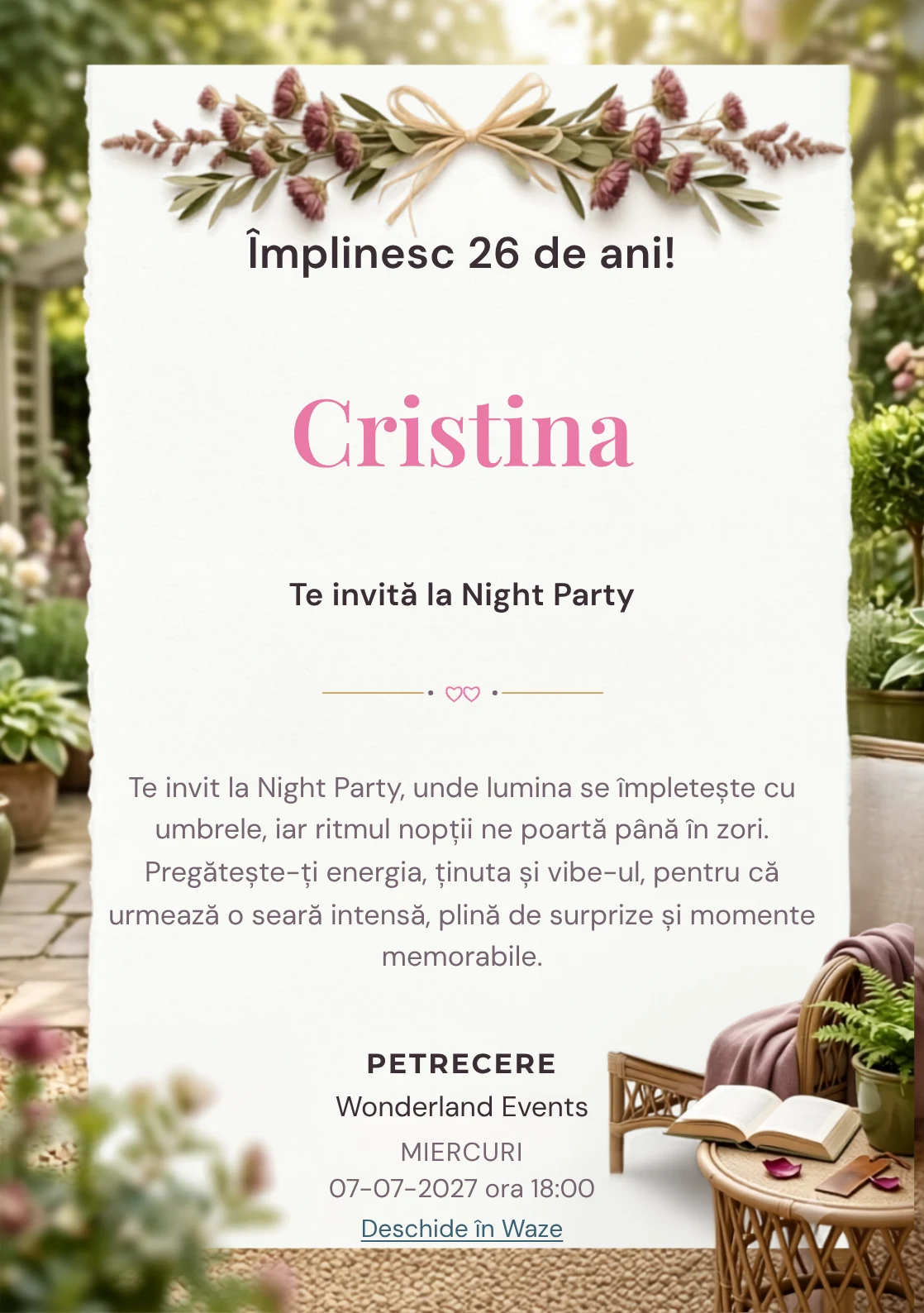 Grădina Cititorului este un model de invitații online pentru o aniversare adultă, definit vizual de o carte, fotoliu și plante.