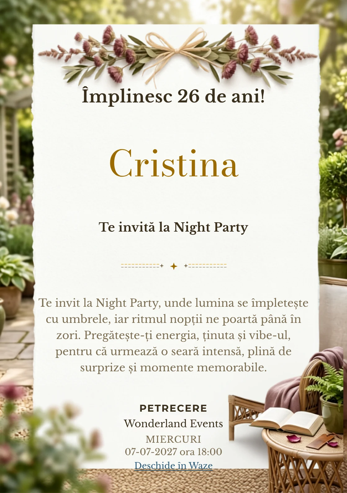 Grădina Cititorului este un model de invitații online pentru o aniversare adultă, definit vizual de o carte, fotoliu și plante.