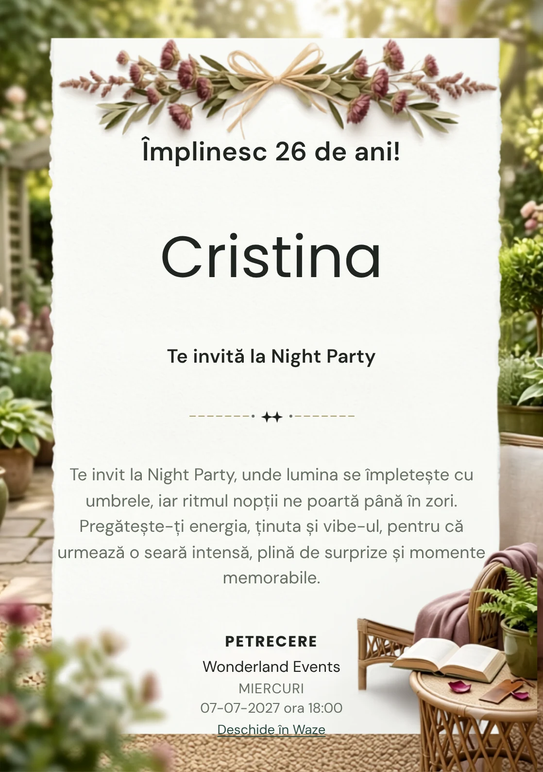 Grădina Cititorului este un model de invitații online pentru o aniversare adultă, definit vizual de o carte, fotoliu și plante.