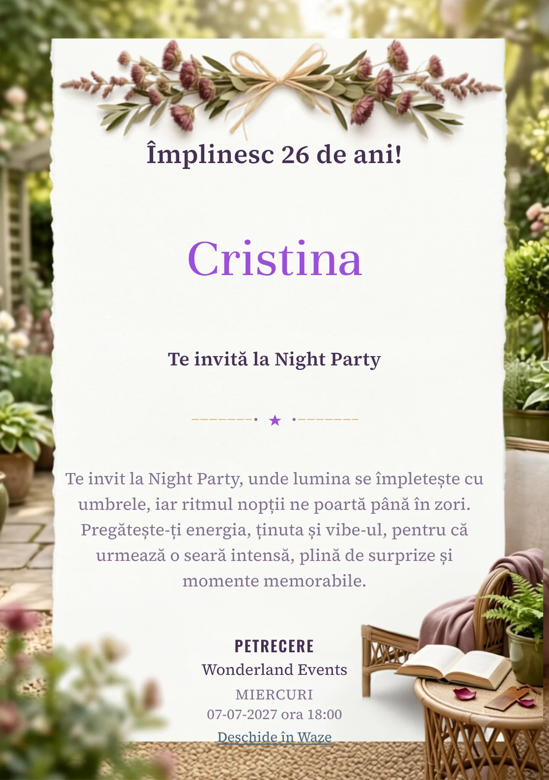 Grădina Cititorului este un model de invitații online pentru o aniversare adultă, definit vizual de o carte, fotoliu și plante.