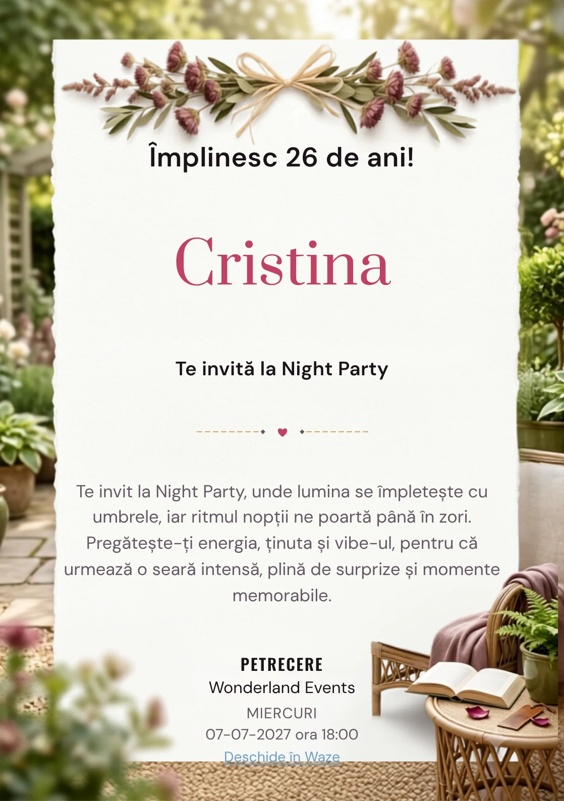 Grădina Cititorului este un model de invitații online pentru o aniversare adultă, definit vizual de o carte, fotoliu și plante.