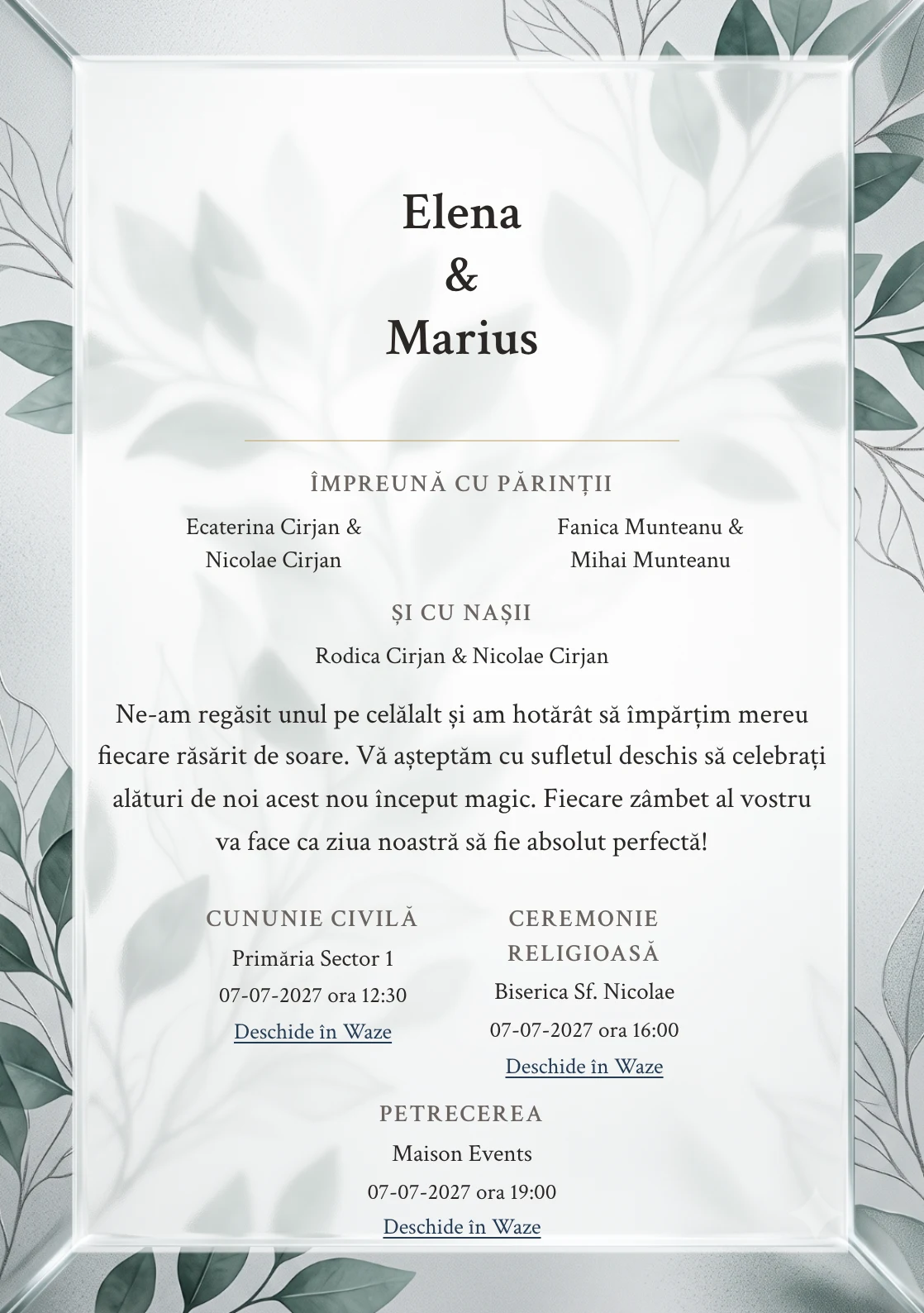 Grădina de Cristal, pentru invitații de nuntă, are ca reper vizual panou mare de sticlă sablată cu inserție vegetală, în nuanțe de alb mineral.