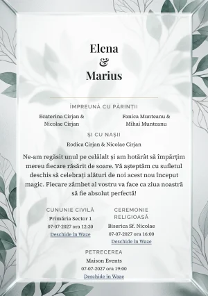 Grădina de Cristal, pentru invitații de nuntă, are ca reper vizual panou mare de sticlă sablată cu inserție vegetală, în nuanțe de alb mineral.