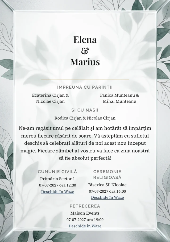 Grădina de Cristal, pentru invitații de nuntă, are ca reper vizual panou mare de sticlă sablată cu inserție vegetală, în nuanțe de alb mineral.