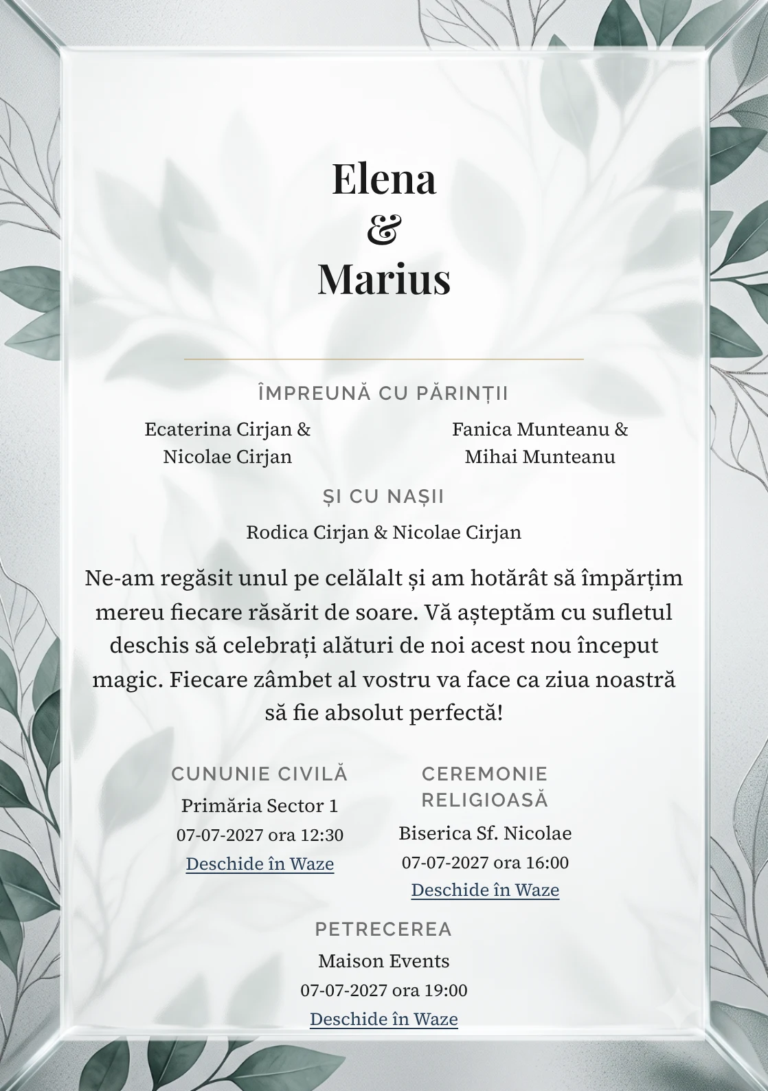 Grădina de Cristal, pentru invitații de nuntă, are ca reper vizual panou mare de sticlă sablată cu inserție vegetală, în nuanțe de alb mineral.