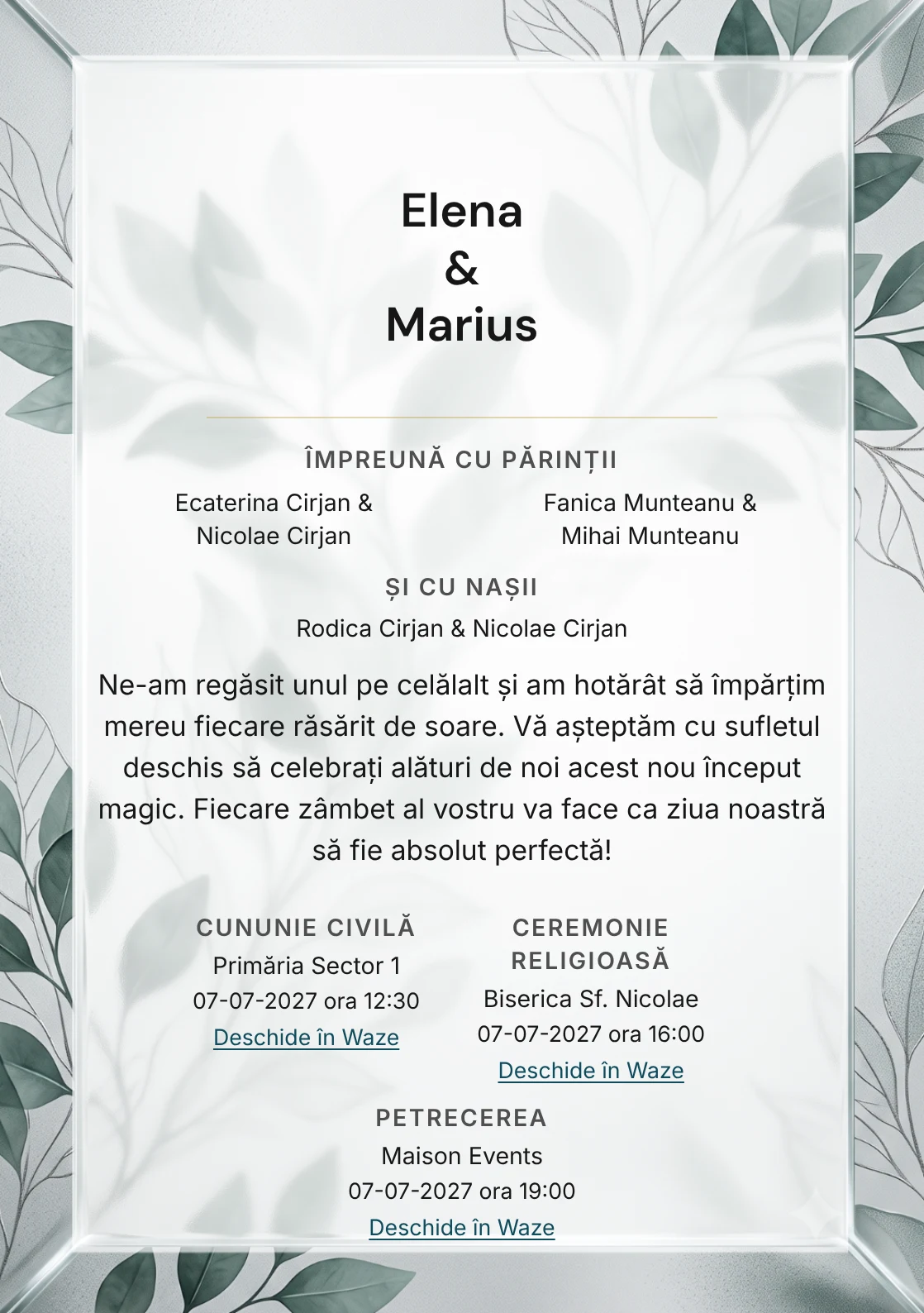 Grădina de Cristal, pentru invitații de nuntă, are ca reper vizual panou mare de sticlă sablată cu inserție vegetală, în nuanțe de alb mineral.
