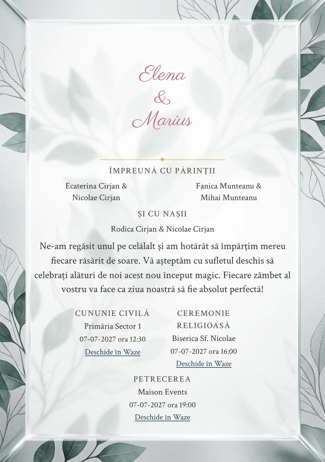 Grădina de Cristal, pentru invitații de nuntă, are ca reper vizual panou mare de sticlă sablată cu inserție vegetală, în nuanțe de alb mineral.