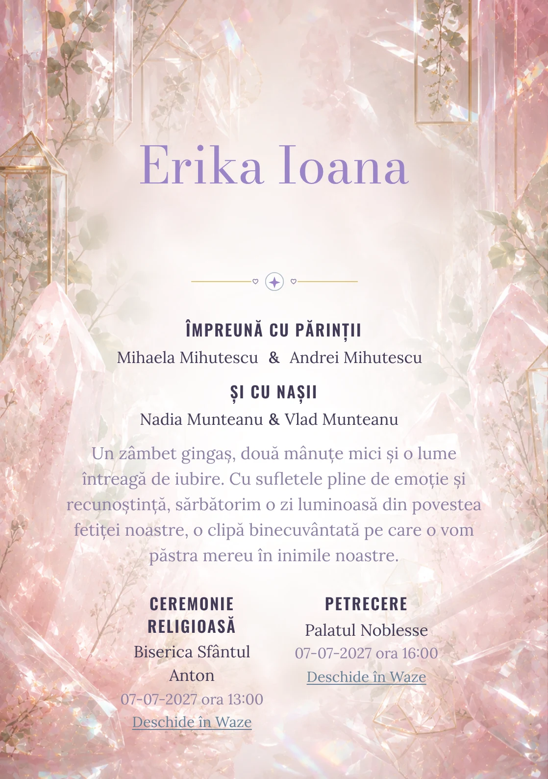 Grădina de Cuarț, pentru o invitație digitală, evidențiază un grup de cristale roz, alături de prisme.